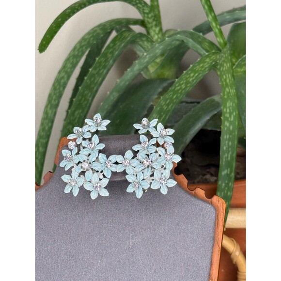 Coro Jewelry - Vintage Coro Blue Enamel Flower Rhinestone Earrings | 1950s Floral Clip Ons